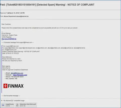 Похожая жалоба на официальный ресурс Fin Max поступила и доменному регистратору