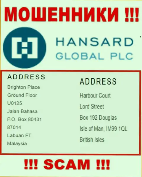 Добраться до организации Hansard International Limited, чтоб вернуть обратно свои вклады нельзя, они находятся в оффшорной зоне: Brighton Place Ground Floor U0125 Jalan Bahasa P.O. Box 80431 87014 Labuan FT Malaysia