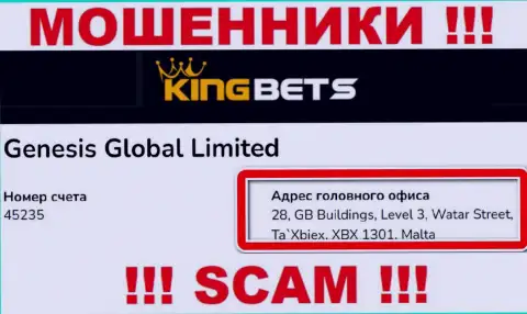 Из компании KingBets забрать обратно финансовые вложения не выйдет - данные мошенники скрылись в офшоре: 28, GB Buildings, Level 3, Watar Street, Ta`Xbiex, XBX 1301, Malta