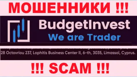 Не имейте дело с Budget Invest - эти internet-мошенники отсиживаются в офшорной зоне по адресу 8 Octovriou 237, Lophitis Business Center II, 6-th, 3035, Limassol, Cyprus