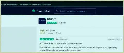 Точка зрения пользователей обменного онлайн пункта BTCBit Net об качестве сервиса криптовалютной онлайн обменки, представленные на сайте Трастпилот Ком