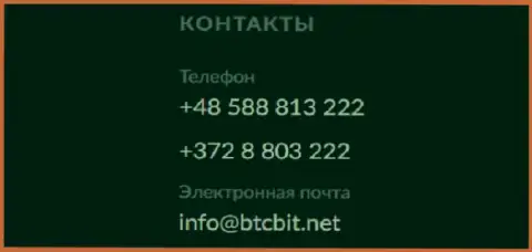 Номера телефонов и адрес электронного ящика обменного онлайн-пункта БТЦБит