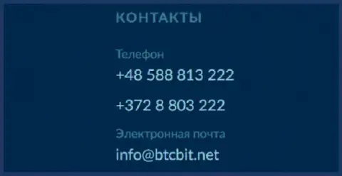 Телефоны и адрес электронного ящика обменного online пункта БТЦ Бит