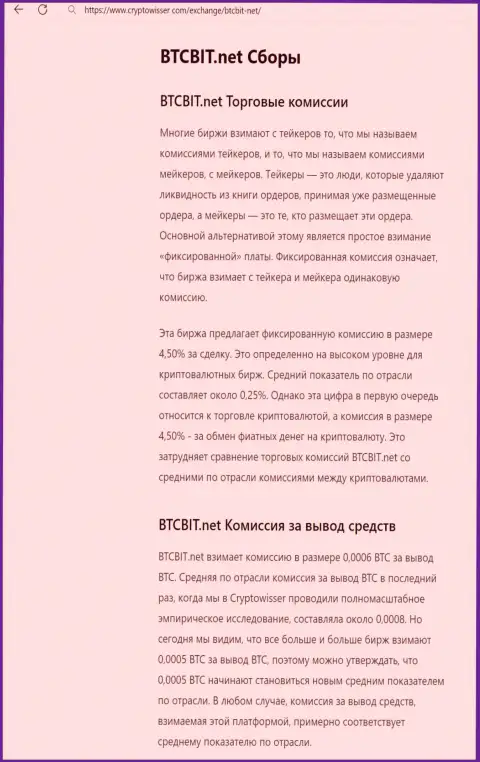 Информационный материал с рассмотрением комиссий интернет организации BTC Bit, размещенная на информационном портале CryptoWisser Com