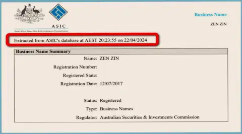 Документ, подтверждающий наличие регистрации у дилинговой компании Zinnera