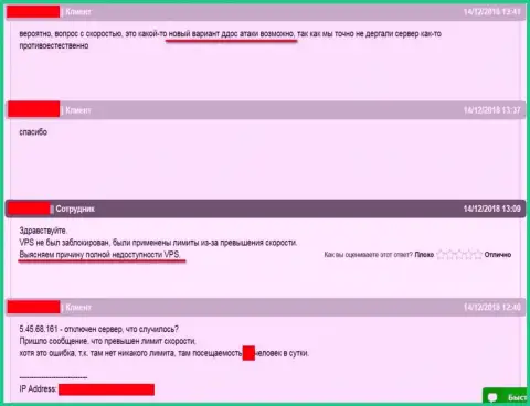 Переписка с техподдержкой хостинга, где был размещен сайт ffin.xyz касательно ситуации с блокированием веб-сервера